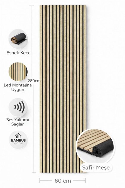 Dekoratif Çıtalı MDF Akustik Duvar Paneli Akustik Ahşap Duvar Kaplama Paneli 60x280 cm Safir Meşe