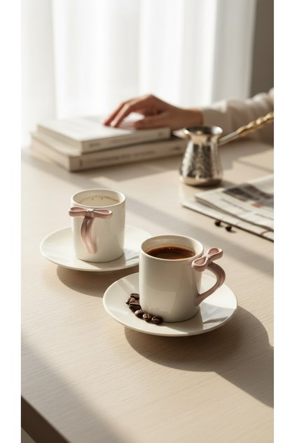 Gift Set with Bow Detail, Glossy Porcelain Coffee Cup Set (2 Pieces X 90 Cc)