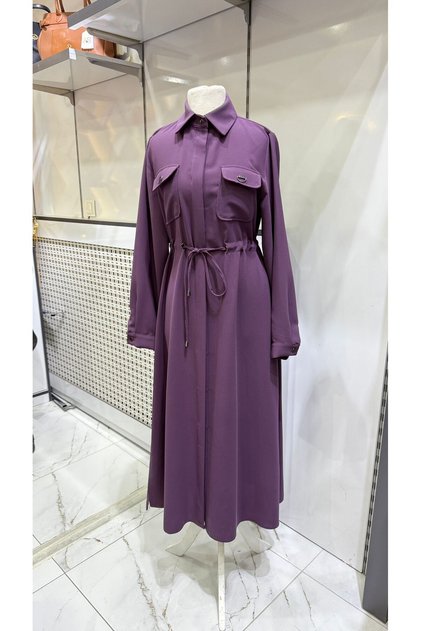 Yeni sezon Polo krep kumaş beli büzgülü tunik Mor