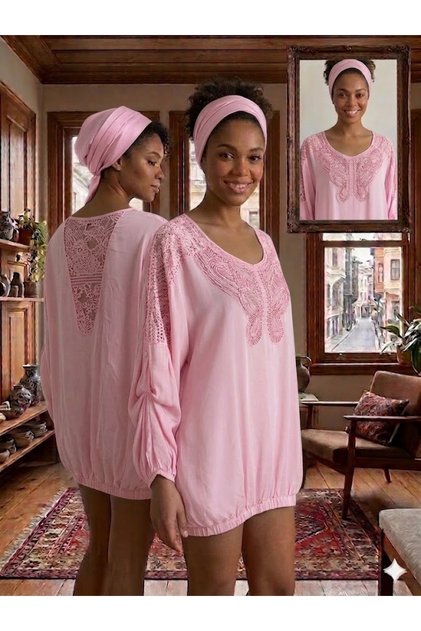 Women's Italian Pink Round Sequin Butterfly Embroidered Silk Blouse with Lace Detail on the Back and Elasticated Skirt