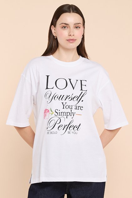 Typography Print Oversized T-Shirt with Crew Neck and Short Sleeves