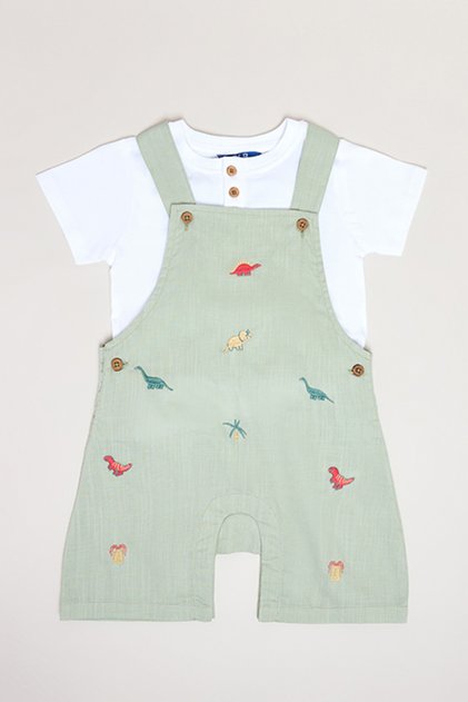 Solid T-Shirt and Embroidered Dungaree Set