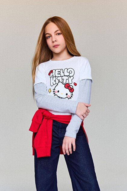 Defacto Hello Kitty Bisiklet Yaka Uzun Kollu Tişört Kız Çocuk