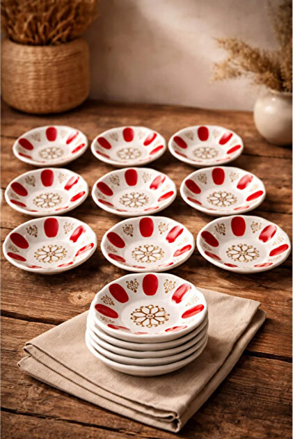 6 Pieces Melamine Red and White Authentic Patterned Tea Plate Set Durable and Stylish