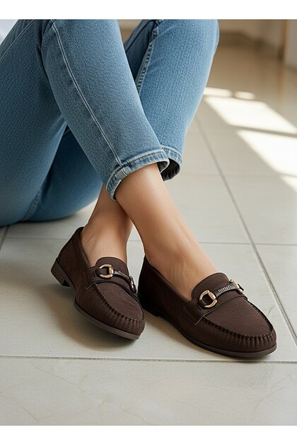 Flat Sole Brown Suede Daily Buckle Detail Women's Ballet Flats