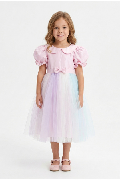 Girls Party Dress with Puff Sleeve & Peter Pan Collar