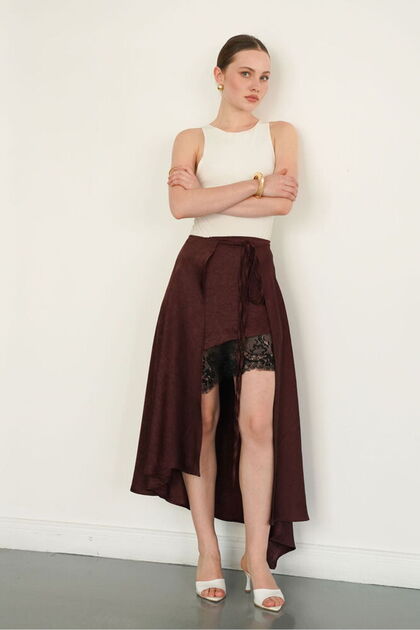 Lace Detailed Satin Skirt - Brown | D2976 - Coffee