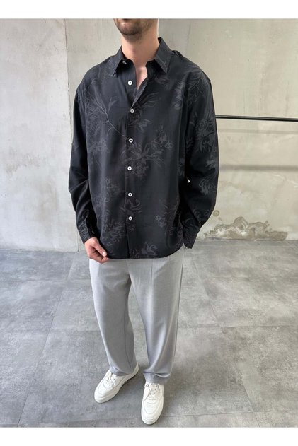 Patterned Oversize Premium Modern Cut Black Shirt