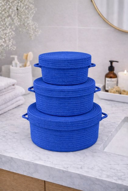 Mira 3-Piece Rope Basket Set with Cover Decorative Organizer Large Medium Small Size