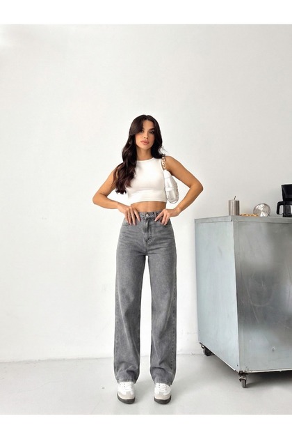Pantaloni de damă din denim, cu talie înaltă, negri, stil boyfriend, cu croială largă