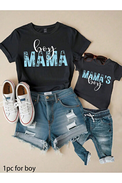 Anne Oğlan Kombin Tişört Takımı T-Shirt Twin Erkek Çocuk Anne mama's boy (TEKLİ FİYAT) - Siyah