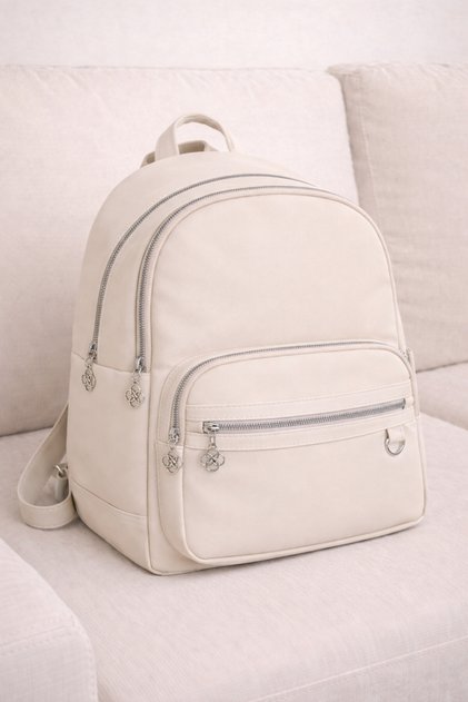 4-Compartment Cream Multi-Compartment Fabric Women's Backpack with Adjustable Straps – Daily Use