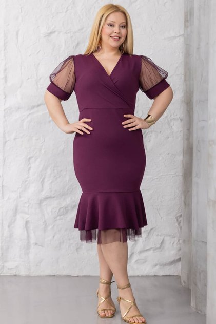 Women's Plus Size Double-Breasted Dress with Tulle Detail on Sleeves and Hem, Stretchable