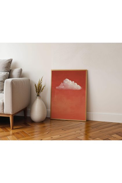 Tek Parça Ahşap Çerçeveli Tablo mercan üzerinde pembe bulut