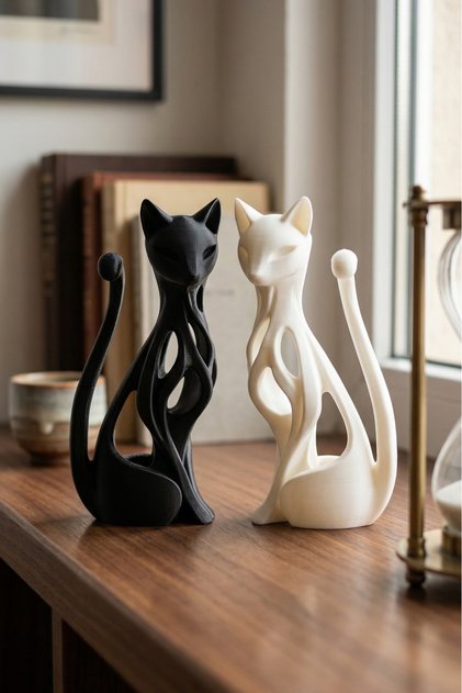 2'li Dekoratif Kedi Biblo Seti - Siyah Beyaz Modern Ev ve Salon Aksesuarı Hediyelik Obje 17 cm