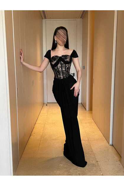 TOP BERLANTY "Oriental Nights" Evening Dress - Black with Lace and Corset  Details- Trendyol