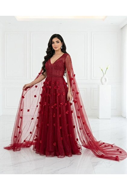 DAY BY DAY Glamorous Evening Dress with Floral Embellishments and Long  Sleeves for a Regal Look- Trendyol