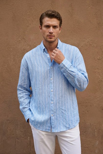 (Wrinkle Effect) Self-Patterned Thin Striped Men's Long Sleeve Baby Blue Shirt Ls-13044