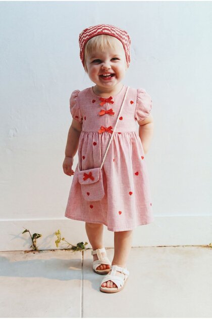 Girl's Cotton Pink Striped Heart Embroidered Dress with Bag - Bow Detail