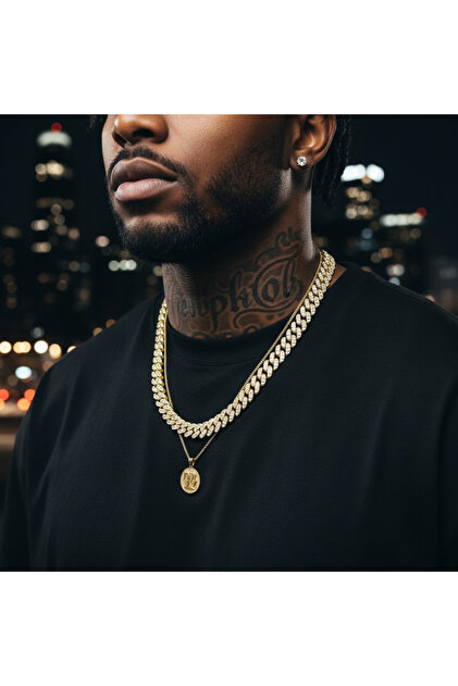 GLSVM Unisex Cuban Chain Kolye - 13MM. Iced Out Parlak Zirkon