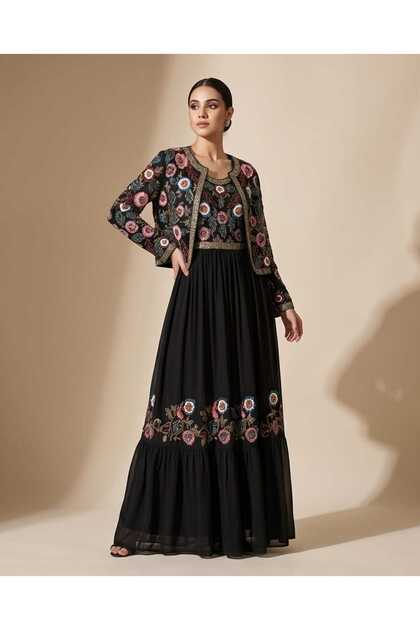 Black Ethnic Embroidered Double Set - Jacket and Maxi Dress Set
