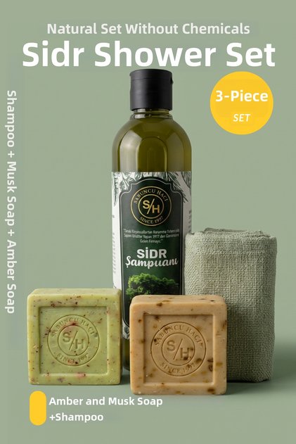 Es-Sidre Original Sidr Musk Amberli Sidir Soap +400 ml Sidr Shampoo Natural Spiritual Therapy Set.