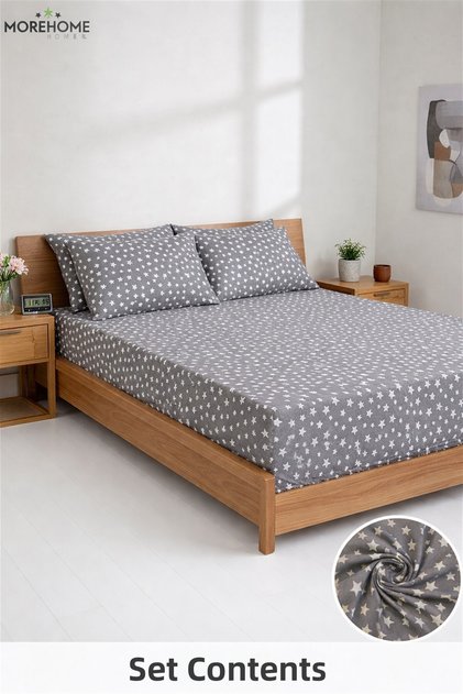 Single Fitted Sheet Set + Pillowcase Gray White Starry