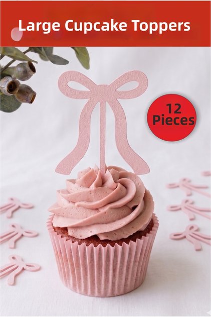 Pink Ribbon Bow Cupcake Toothpick - Girl's Birthday, Babyshower, Bachelorette Table Cake Decoration