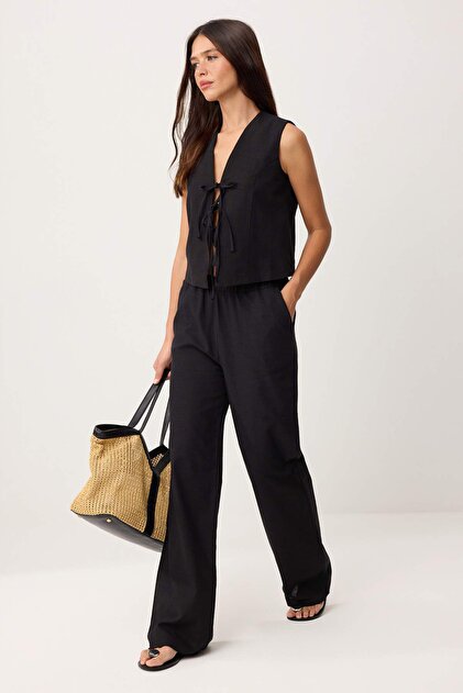 Black Tie-Dye Linen Look Blouse and Wide-Leg Trousers Woven Bottom - Top Set Twoss25Au00034