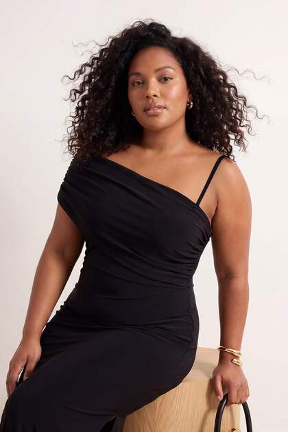 Trendyol Curve Black Asymmetrical Collar Detailed Long Plus Size Evening  Dress Night Graduation New Year's Dress Tbbss26Ah00114- Trendyol