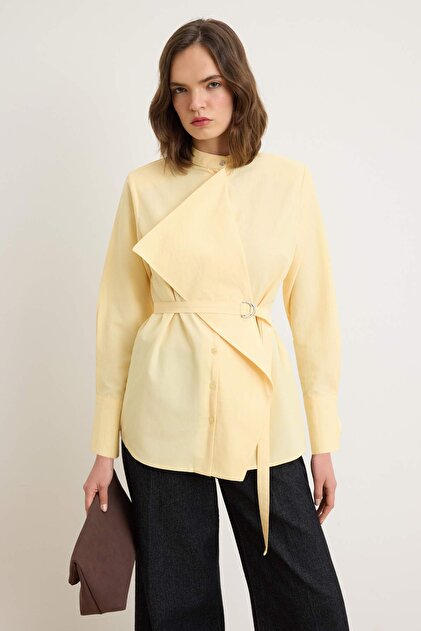 Yellow Waist Belt Detailed Regular Fit Cotton Shirt Tctss26Tg00010