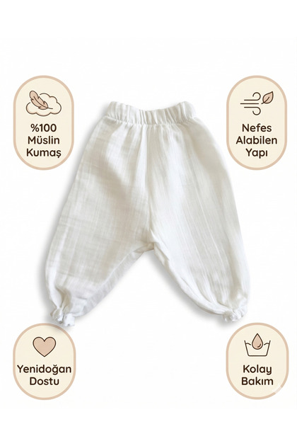 %100 Pamuk Müslin Bebek Pantolon Lastikli Paça Şalvar Model Yenidoğan Pantolon Müslin Pantolon