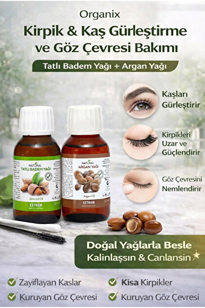 Kirpik Kaş Gürleştirici Göz Çevresi Bakım Seti Tatlı Badem Argan Yağı %100 Doğal 2x50 ml
