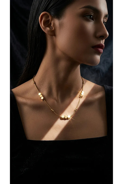 Non-Tarnish Steel Snake Chain Row Cube Ball Detailed Necklace - Gift Boxed