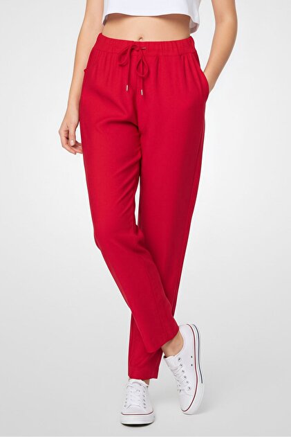 Women Regular Fit Embroidered Logo Straight Pants, Red