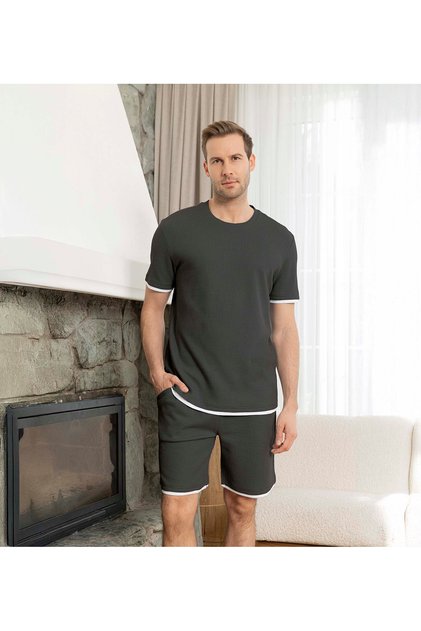 Lodos Store Men's Short Sleeve Shorts Waffle Textured Pajama Set Relaxed Fit Dark Smoked