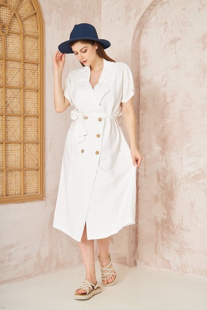 Women's Linen White Oversized Wide Cut / Loose / Long Short Sleeve Summer Jacket Dress 3162451