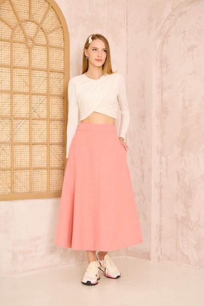 Women's Pink Midi Length Slim Fit Melton Textured Fabric High Waist Pocketed Kilos Skirt 700-3461209