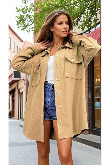 Kadın Camel Kaşe Oversize Geniş Kesim Uzun Kışlık Tesettüre Uygun Tunik Oduncu Gömlek 3270286