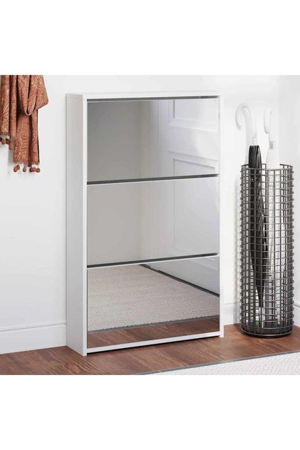 Shoe Cabinet with Mirror 3-Layer High Gloss White 63x17x102.5 cm