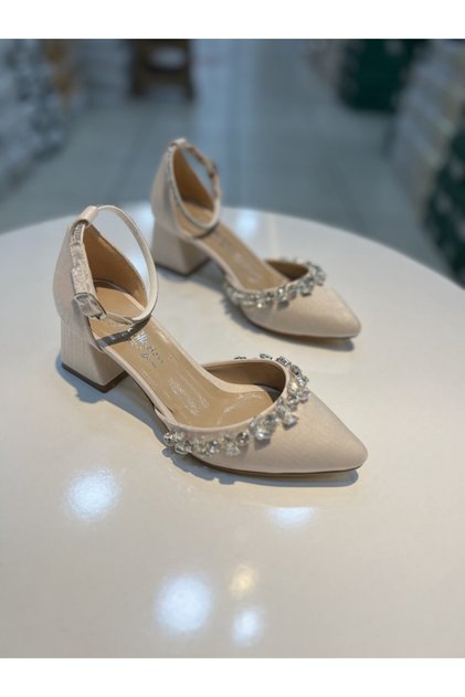 Şah Short Heel Satin Silk Material Stone Evening Dress Shoes