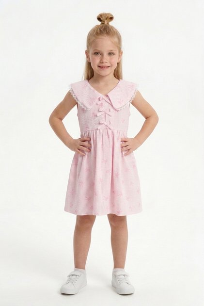 Bow-Tie Striped Lace Baby Collar Girl's Dress