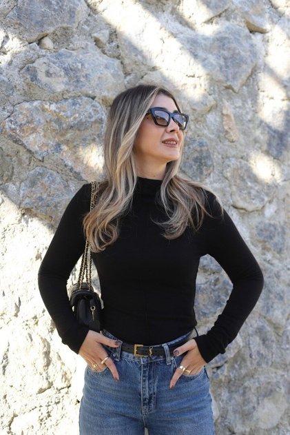 Black Stand Collar Long Sleeve Blouse