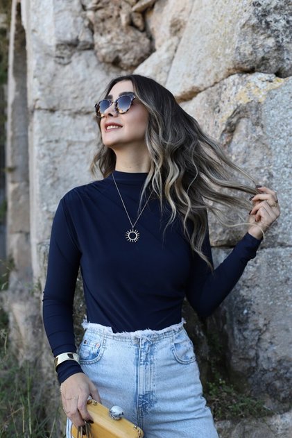 Navy Blue Shoulder Gathered Blouse Crop