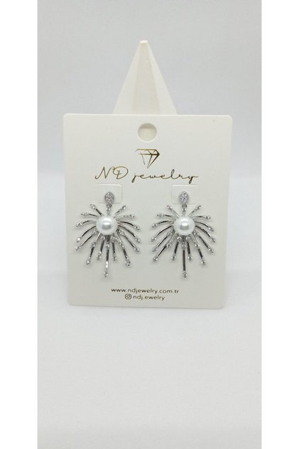 Silver color stone and pearl detailed sun earrings