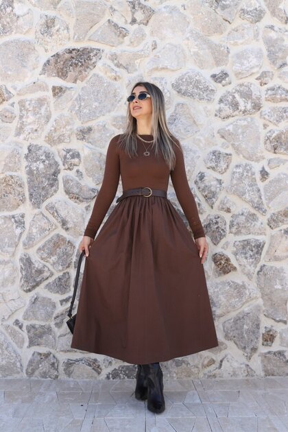 Coffee Boat Neck Flared Skirt Dress