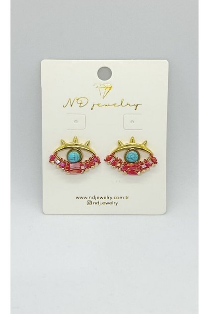 Red Bead Detailed Evil Eye Gold Earrings