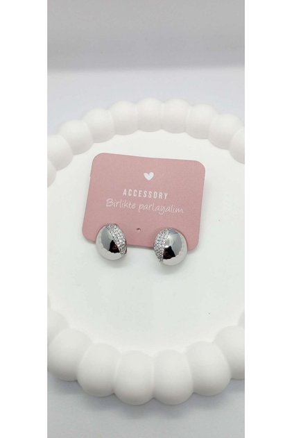 Silver color stone detailed round mini earrings