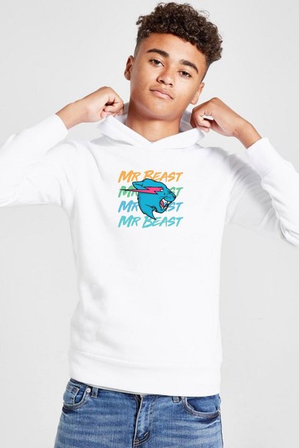 Mr Beast Letter White Kids 3ip Hooded Sweatshirt