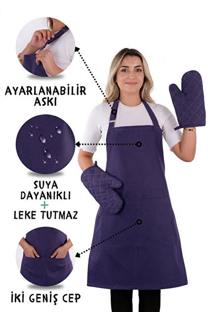 Simple 3-Piece Set Adjustable Pocketed Kitchen Apron Set (2 Gloves) Chef Waiter Cafe Cook Barista